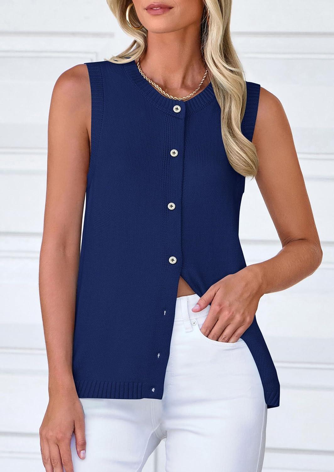 imagePRETTYGARDEN Sweater Vest Tops for Women 2026 Lightweight Summer Cardigan Sleeveless Button Up Knit Casual Spring ClothesDark Blue