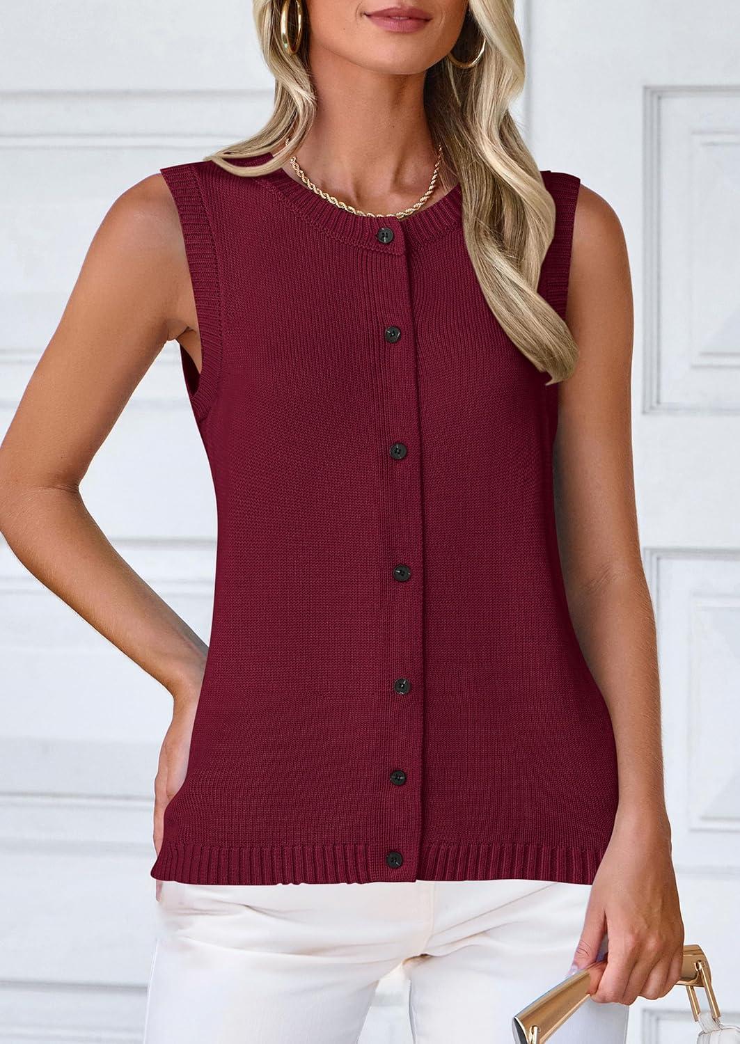 imagePRETTYGARDEN Sweater Vest Tops for Women 2026 Lightweight Summer Cardigan Sleeveless Button Up Knit Casual Spring ClothesDark Wine Red