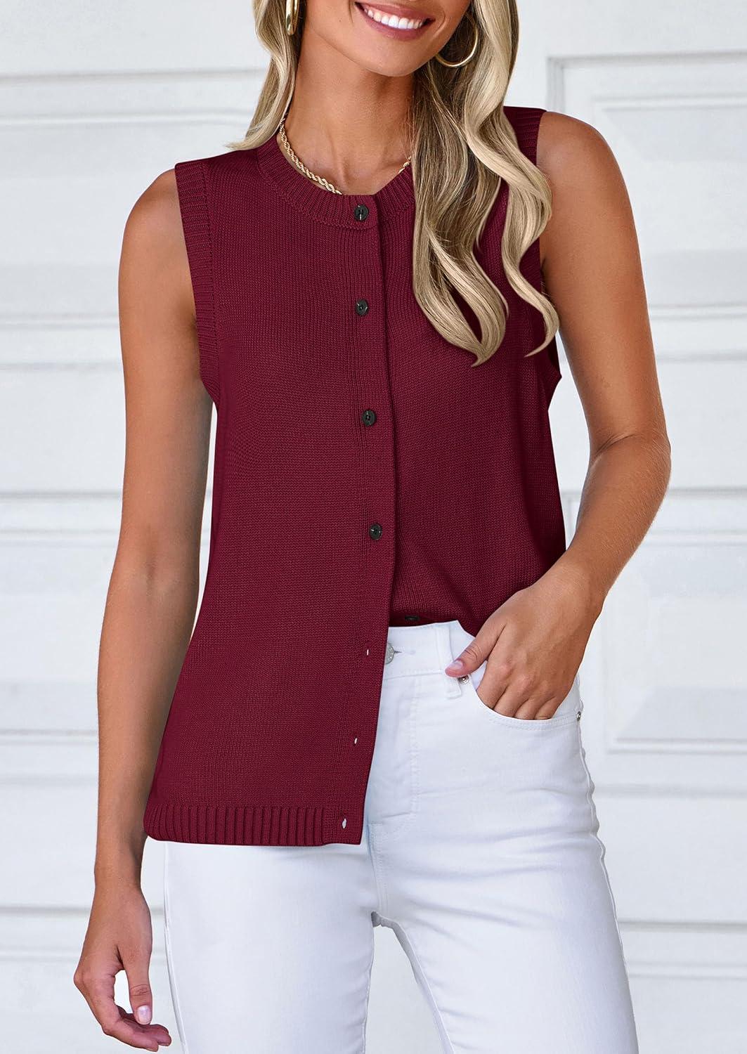 imagePRETTYGARDEN Sweater Vest Tops for Women 2026 Lightweight Summer Cardigan Sleeveless Button Up Knit Casual Spring ClothesDark Wine Red