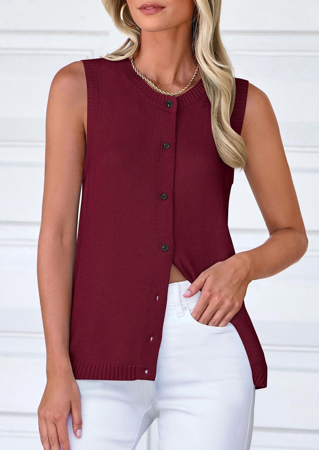 imagePRETTYGARDEN Sweater Vest Tops for Women 2026 Lightweight Summer Cardigan Sleeveless Button Up Knit Casual Spring ClothesDark Wine Red