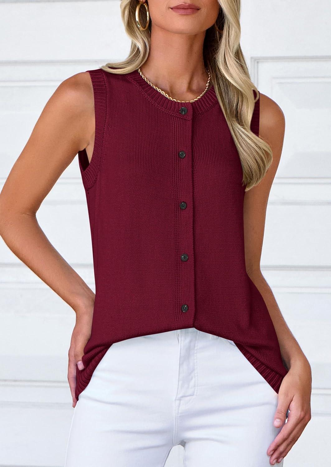imagePRETTYGARDEN Sweater Vest Tops for Women 2026 Lightweight Summer Cardigan Sleeveless Button Up Knit Casual Spring ClothesDark Wine Red