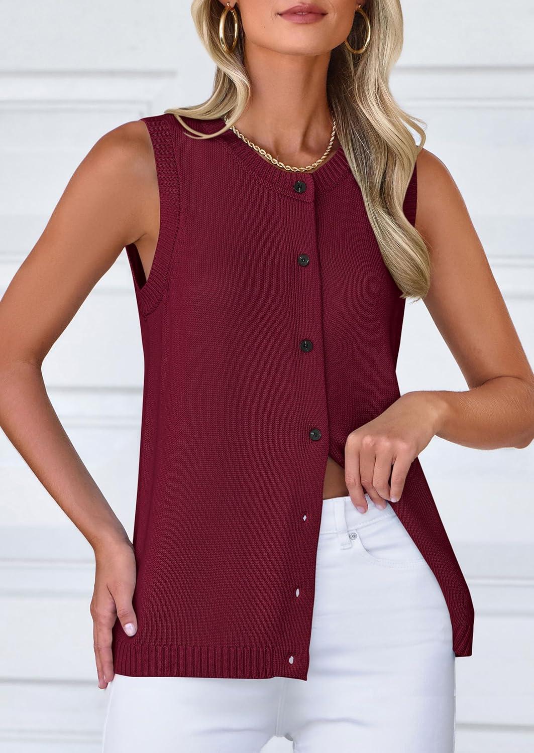 imagePRETTYGARDEN Sweater Vest Tops for Women 2026 Lightweight Summer Cardigan Sleeveless Button Up Knit Casual Spring ClothesDark Wine Red