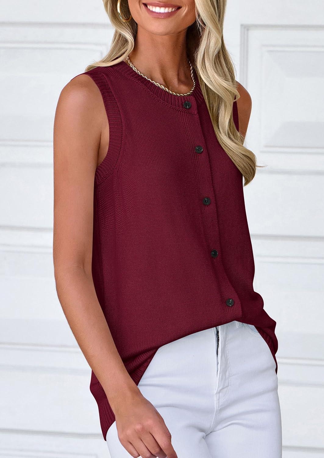 imagePRETTYGARDEN Sweater Vest Tops for Women 2026 Lightweight Summer Cardigan Sleeveless Button Up Knit Casual Spring ClothesDark Wine Red