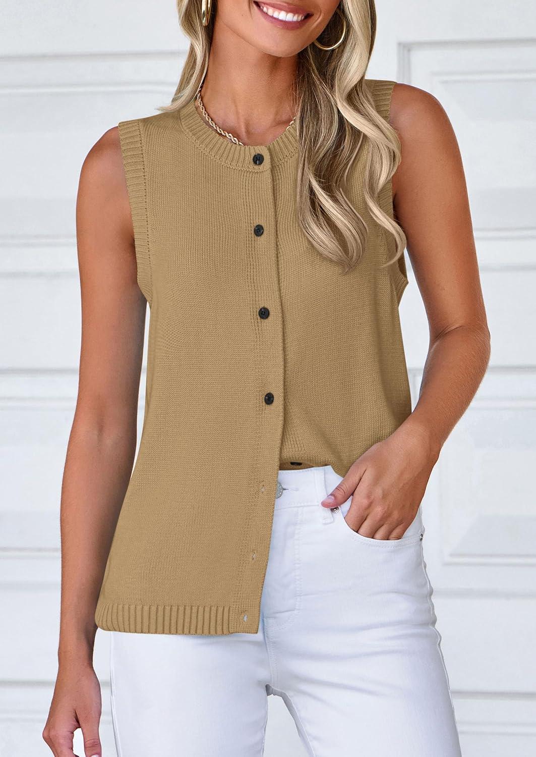 imagePRETTYGARDEN Sweater Vest Tops for Women 2026 Lightweight Summer Cardigan Sleeveless Button Up Knit Casual Spring ClothesLight Khaki