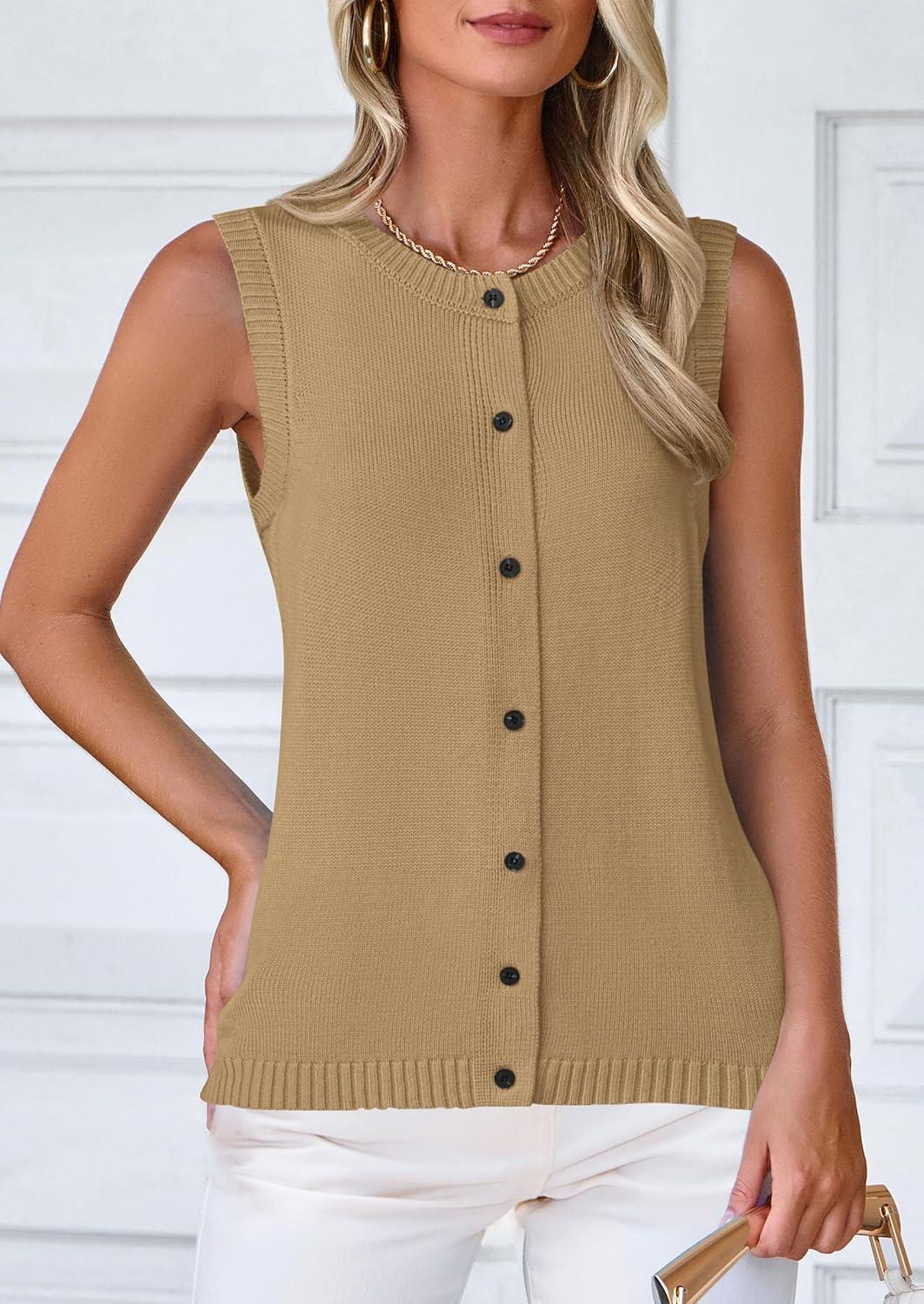 imagePRETTYGARDEN Sweater Vest Tops for Women 2026 Lightweight Summer Cardigan Sleeveless Button Up Knit Casual Spring ClothesLight Khaki