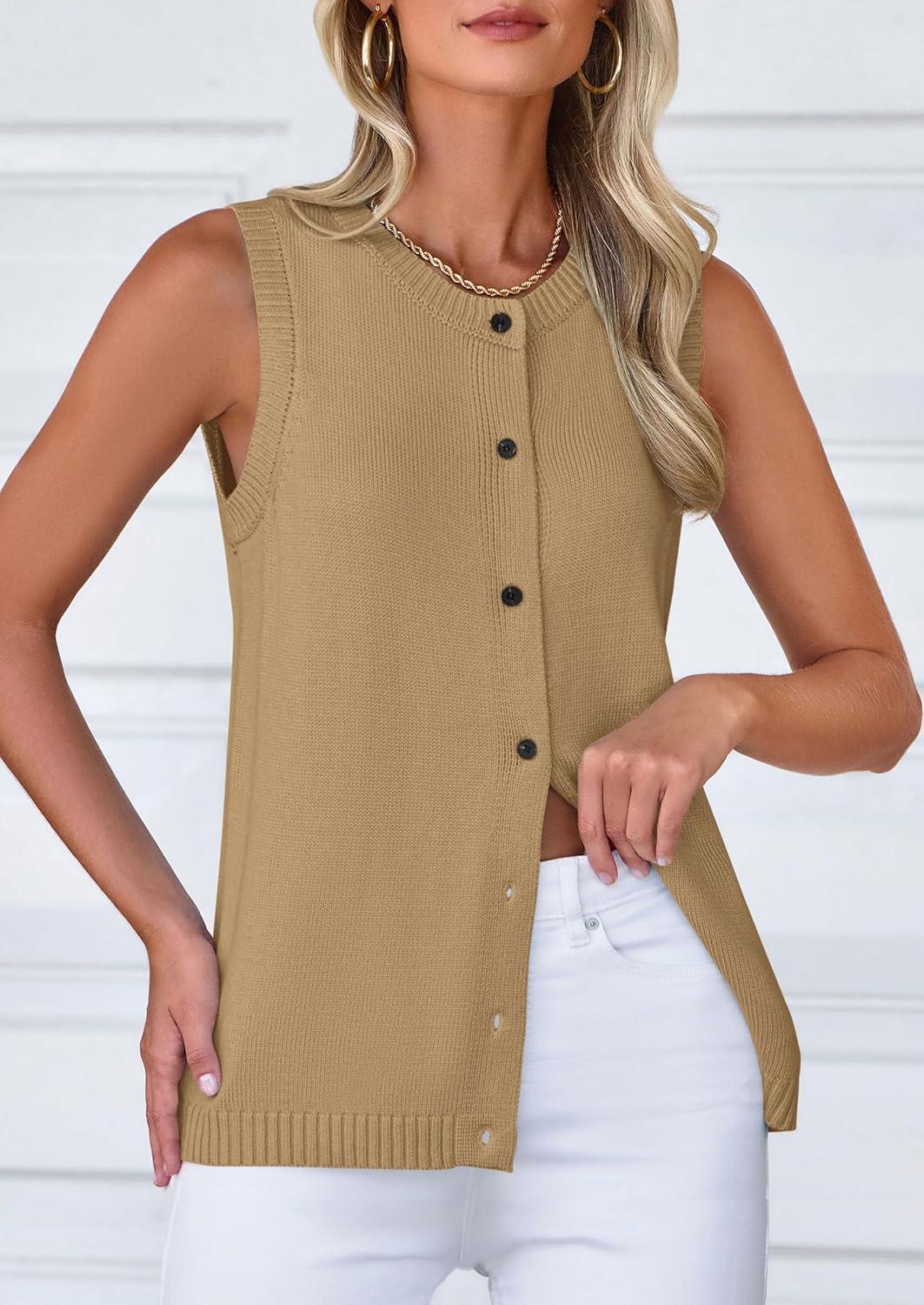 imagePRETTYGARDEN Sweater Vest Tops for Women 2026 Lightweight Summer Cardigan Sleeveless Button Up Knit Casual Spring ClothesLight Khaki