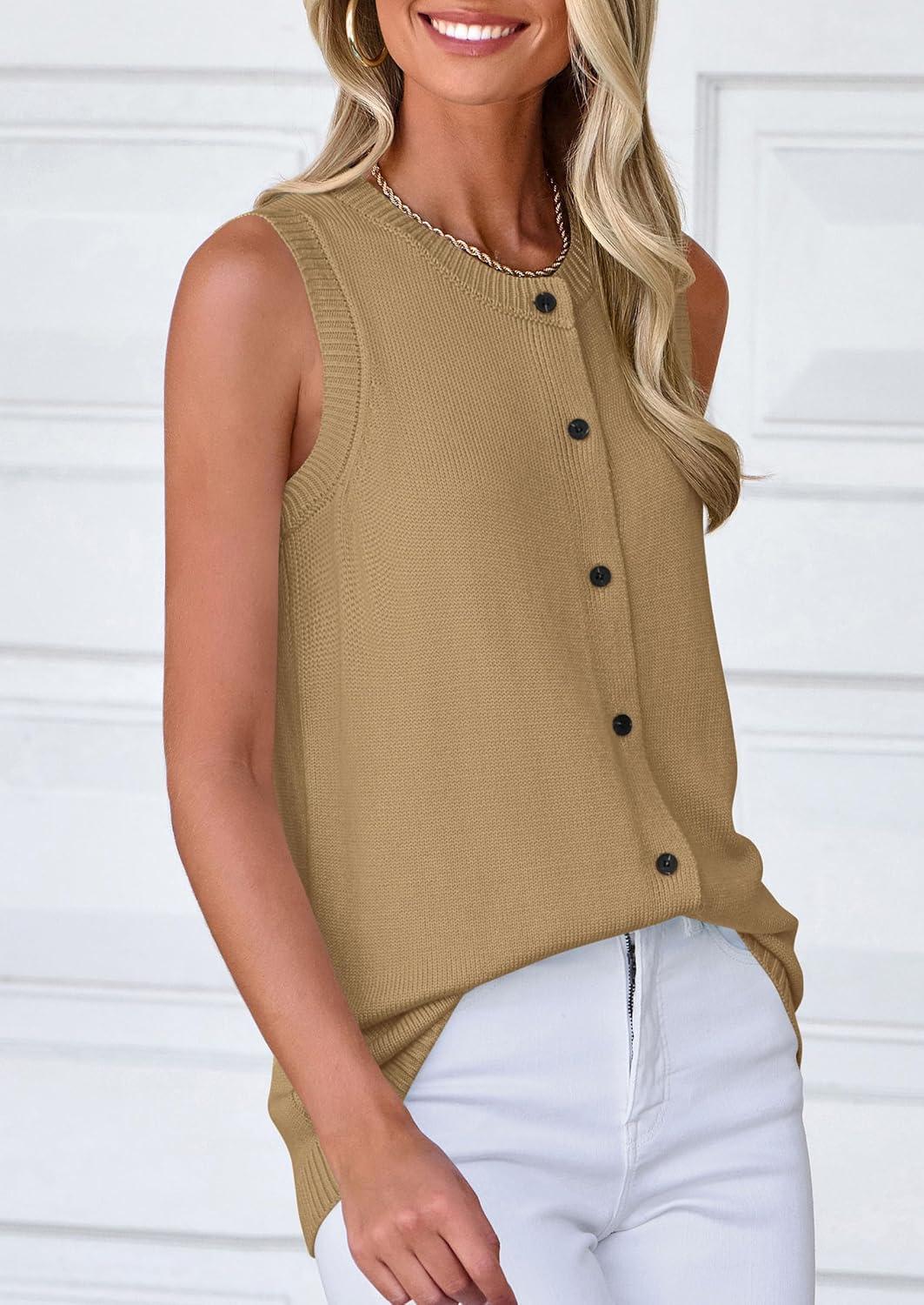 imagePRETTYGARDEN Sweater Vest Tops for Women 2026 Lightweight Summer Cardigan Sleeveless Button Up Knit Casual Spring ClothesLight Khaki