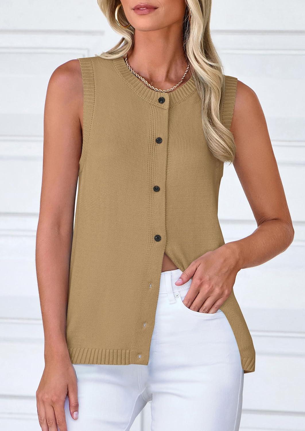 imagePRETTYGARDEN Sweater Vest Tops for Women 2026 Lightweight Summer Cardigan Sleeveless Button Up Knit Casual Spring ClothesLight Khaki