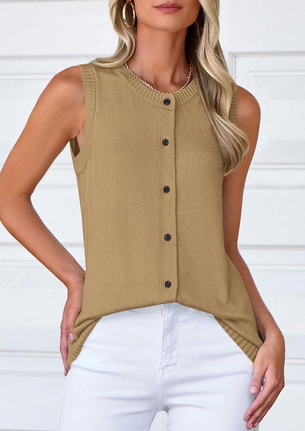 imagePRETTYGARDEN Sweater Vest Tops for Women 2026 Lightweight Summer Cardigan Sleeveless Button Up Knit Casual Spring ClothesLight Khaki