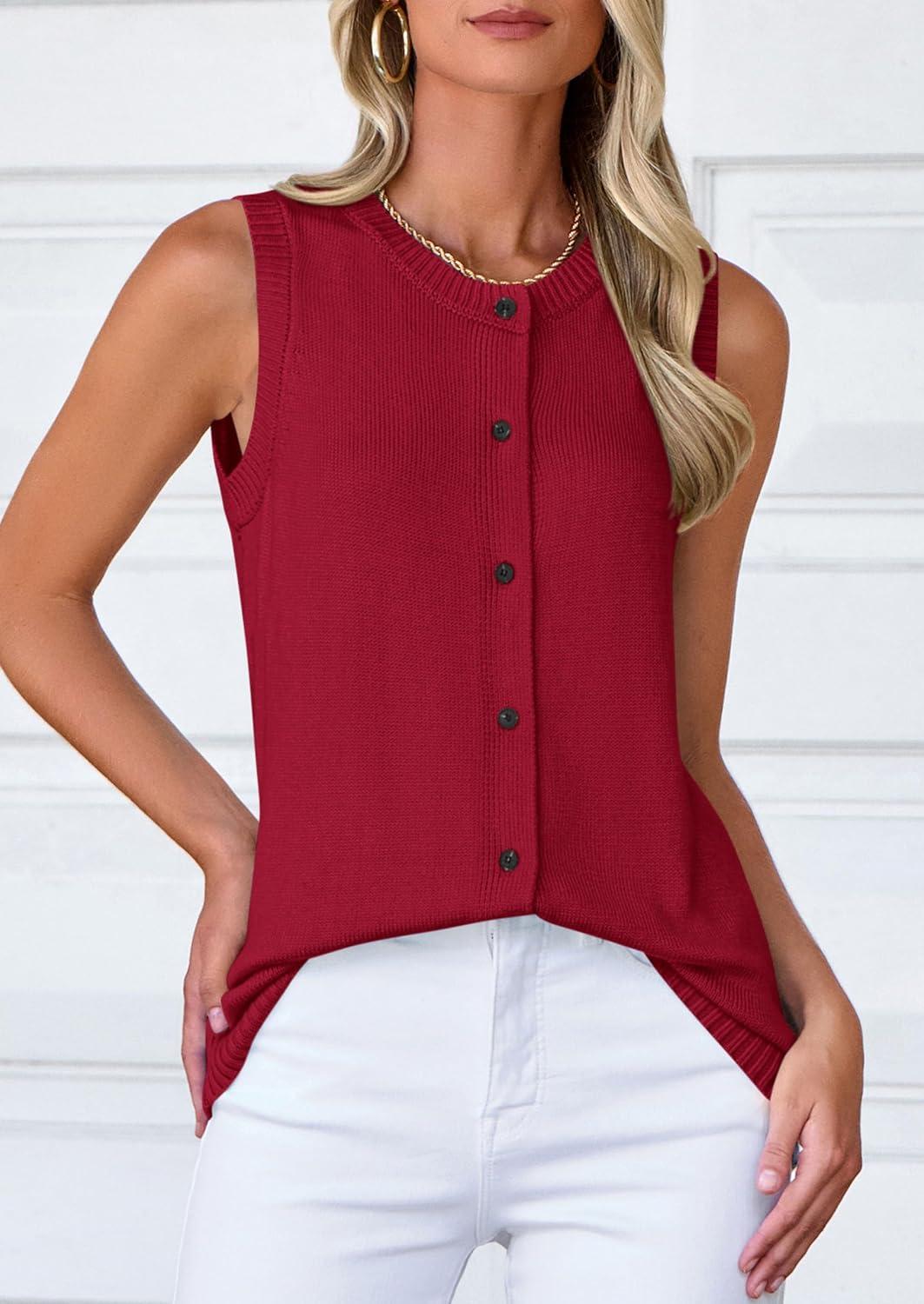 imagePRETTYGARDEN Sweater Vest Tops for Women 2026 Lightweight Summer Cardigan Sleeveless Button Up Knit Casual Spring ClothesWine Red