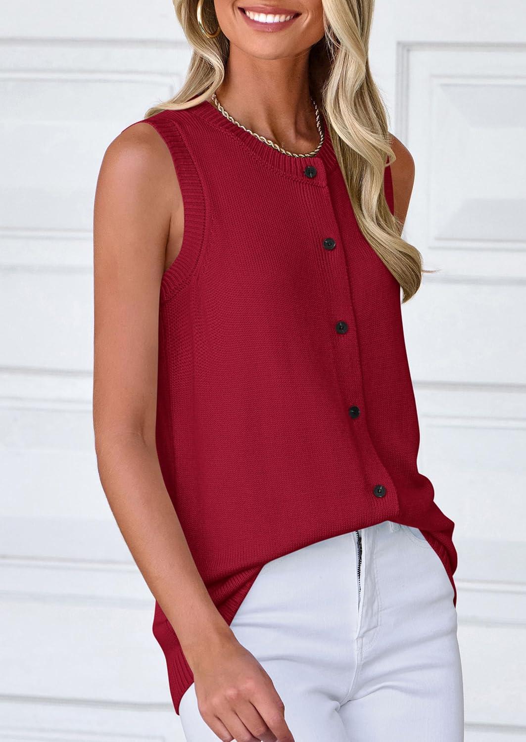 imagePRETTYGARDEN Sweater Vest Tops for Women 2026 Lightweight Summer Cardigan Sleeveless Button Up Knit Casual Spring ClothesWine Red