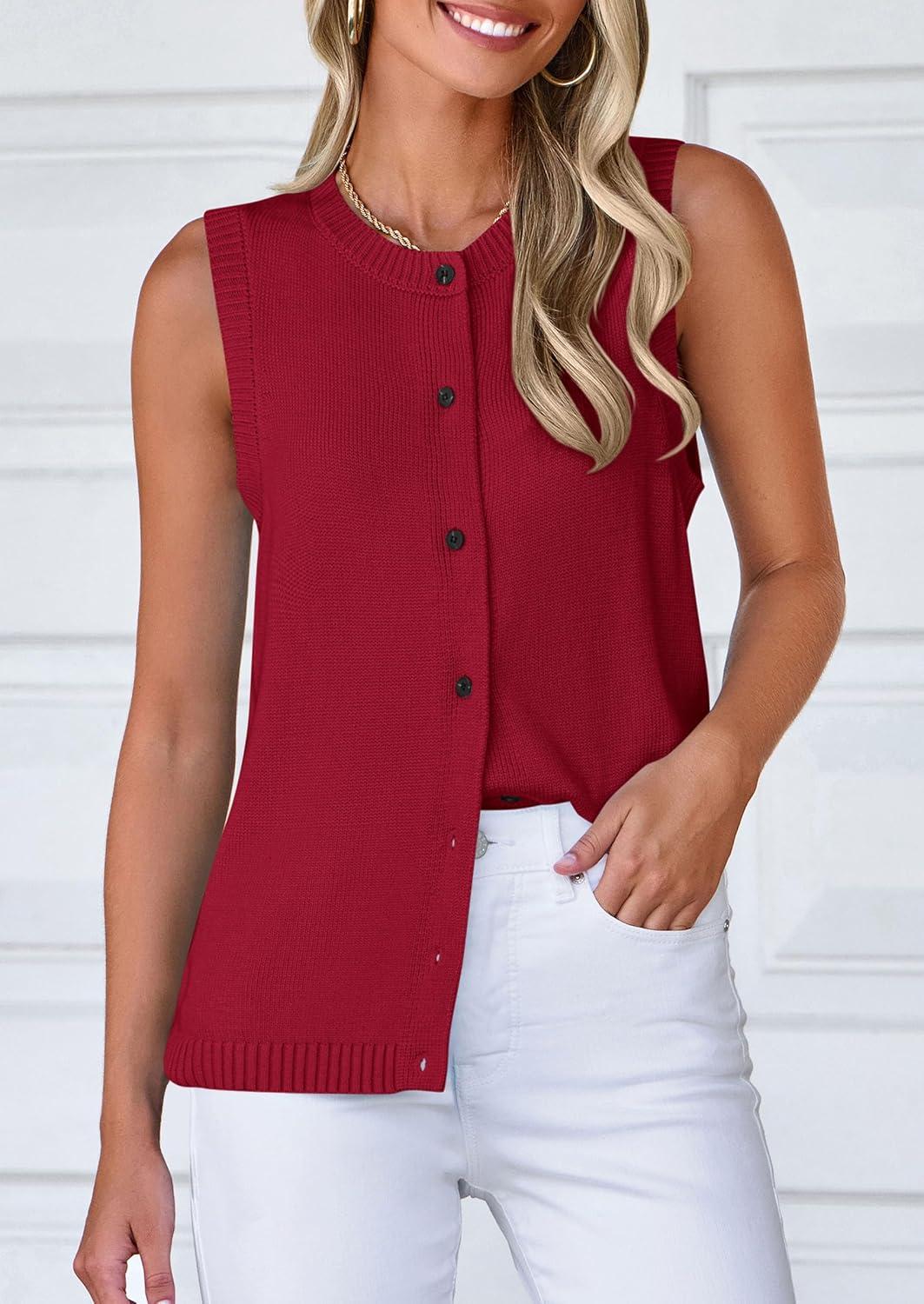imagePRETTYGARDEN Sweater Vest Tops for Women 2026 Lightweight Summer Cardigan Sleeveless Button Up Knit Casual Spring ClothesWine Red