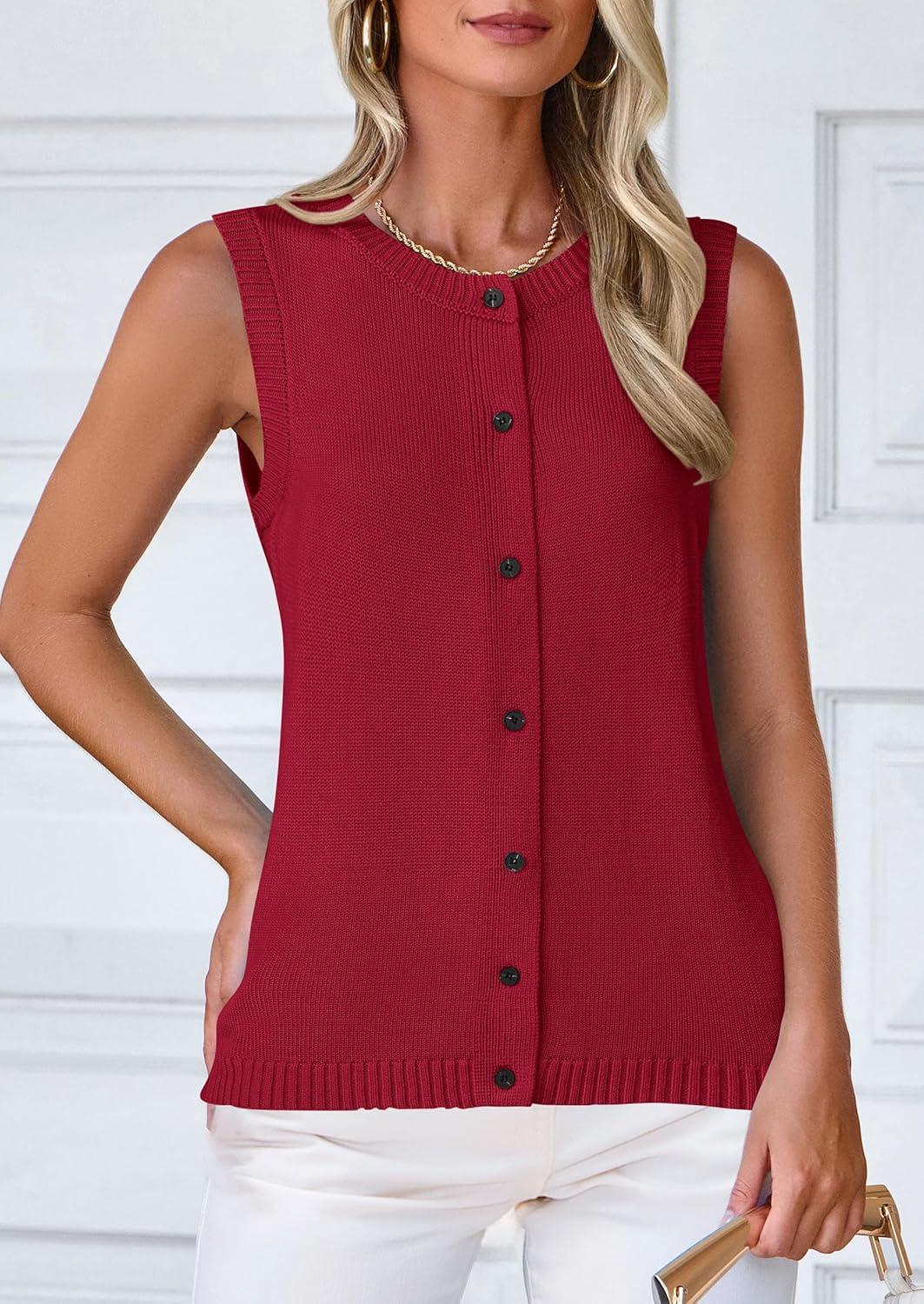imagePRETTYGARDEN Sweater Vest Tops for Women 2026 Lightweight Summer Cardigan Sleeveless Button Up Knit Casual Spring ClothesWine Red