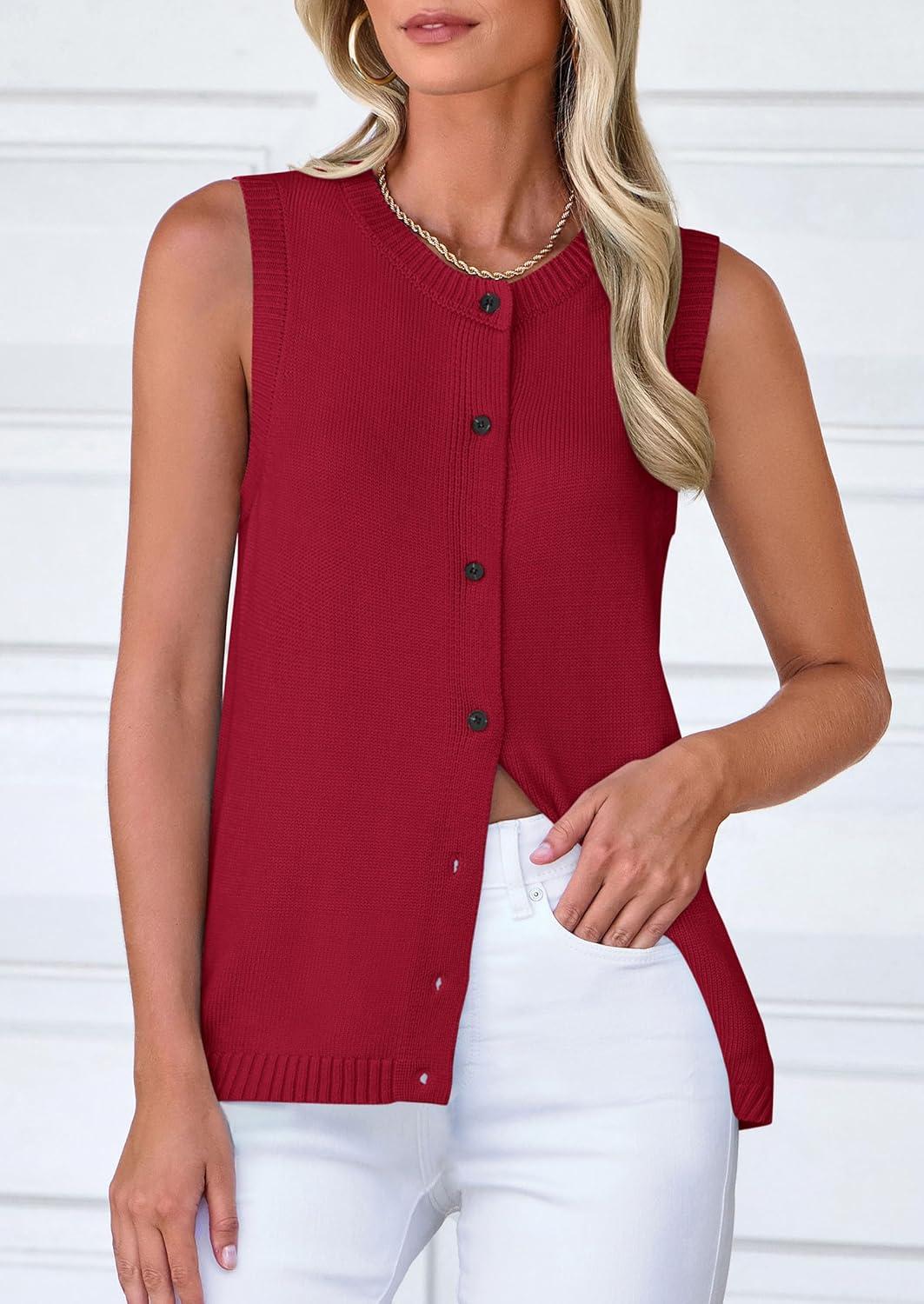 imagePRETTYGARDEN Sweater Vest Tops for Women 2026 Lightweight Summer Cardigan Sleeveless Button Up Knit Casual Spring ClothesWine Red