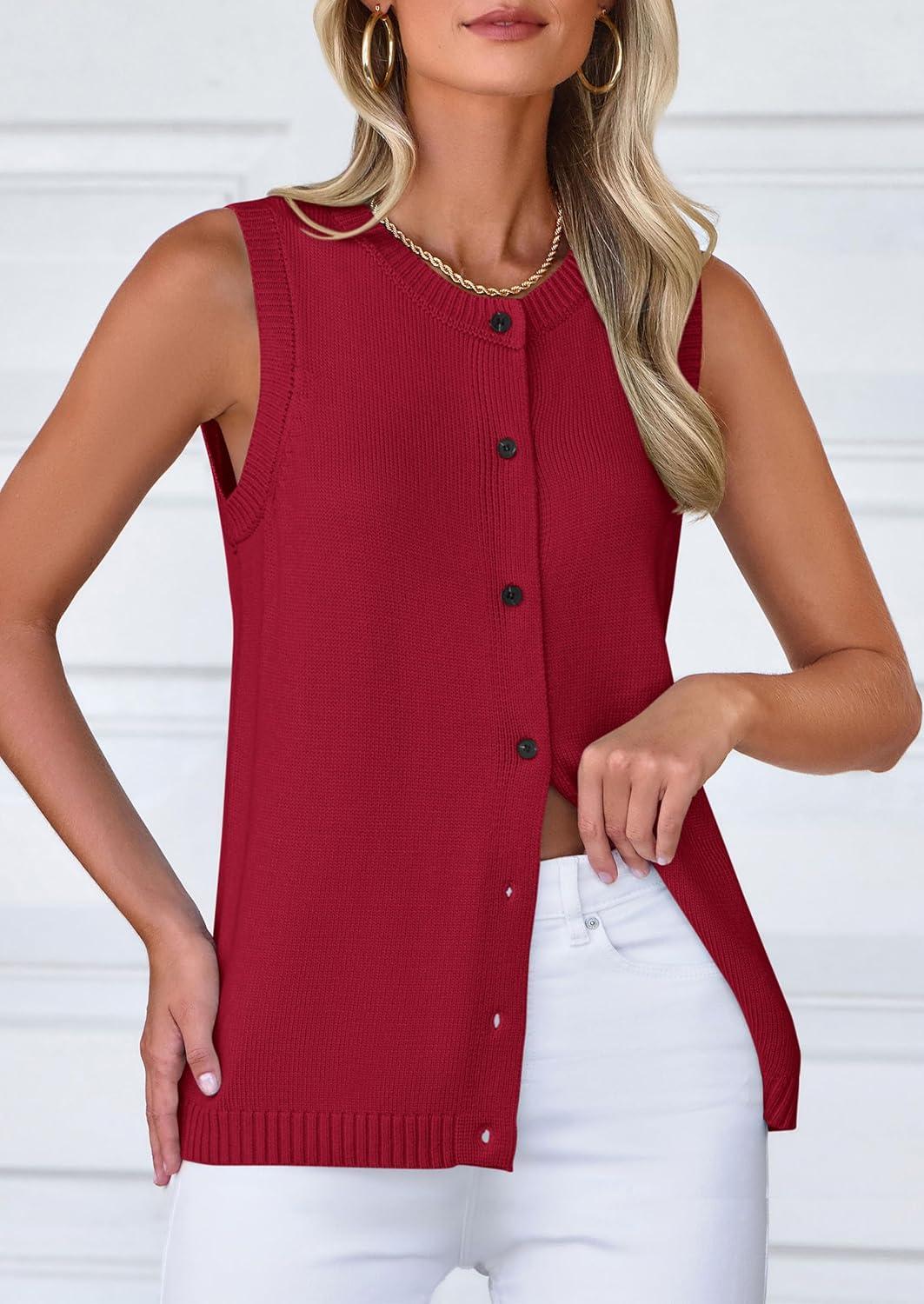 imagePRETTYGARDEN Sweater Vest Tops for Women 2026 Lightweight Summer Cardigan Sleeveless Button Up Knit Casual Spring ClothesWine Red