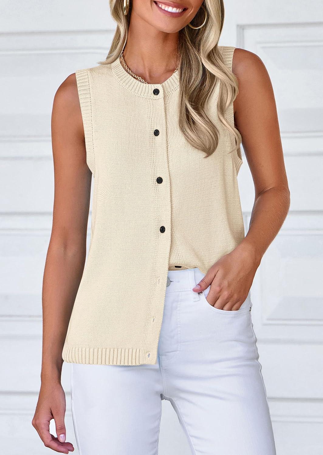 imagePRETTYGARDEN Sweater Vest Tops for Women 2026 Lightweight Summer Cardigan Sleeveless Button Up Knit Casual Spring ClothesYellow Apricot