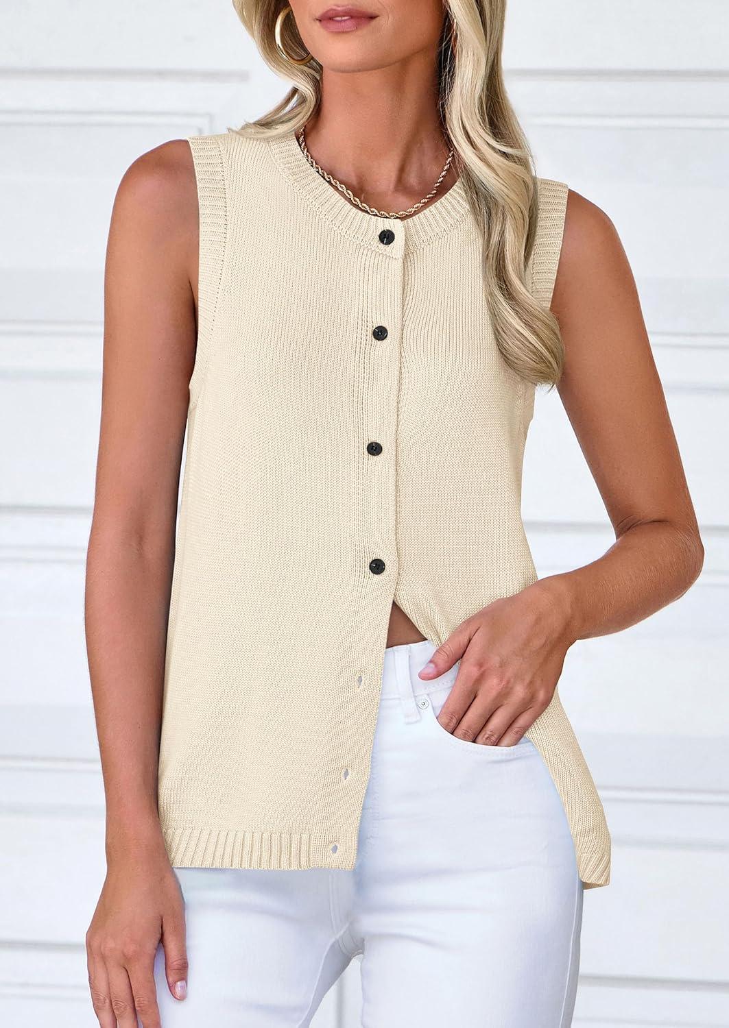 imagePRETTYGARDEN Sweater Vest Tops for Women 2026 Lightweight Summer Cardigan Sleeveless Button Up Knit Casual Spring ClothesYellow Apricot