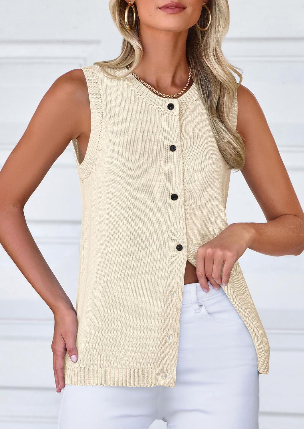 imagePRETTYGARDEN Sweater Vest Tops for Women 2026 Lightweight Summer Cardigan Sleeveless Button Up Knit Casual Spring ClothesYellow Apricot