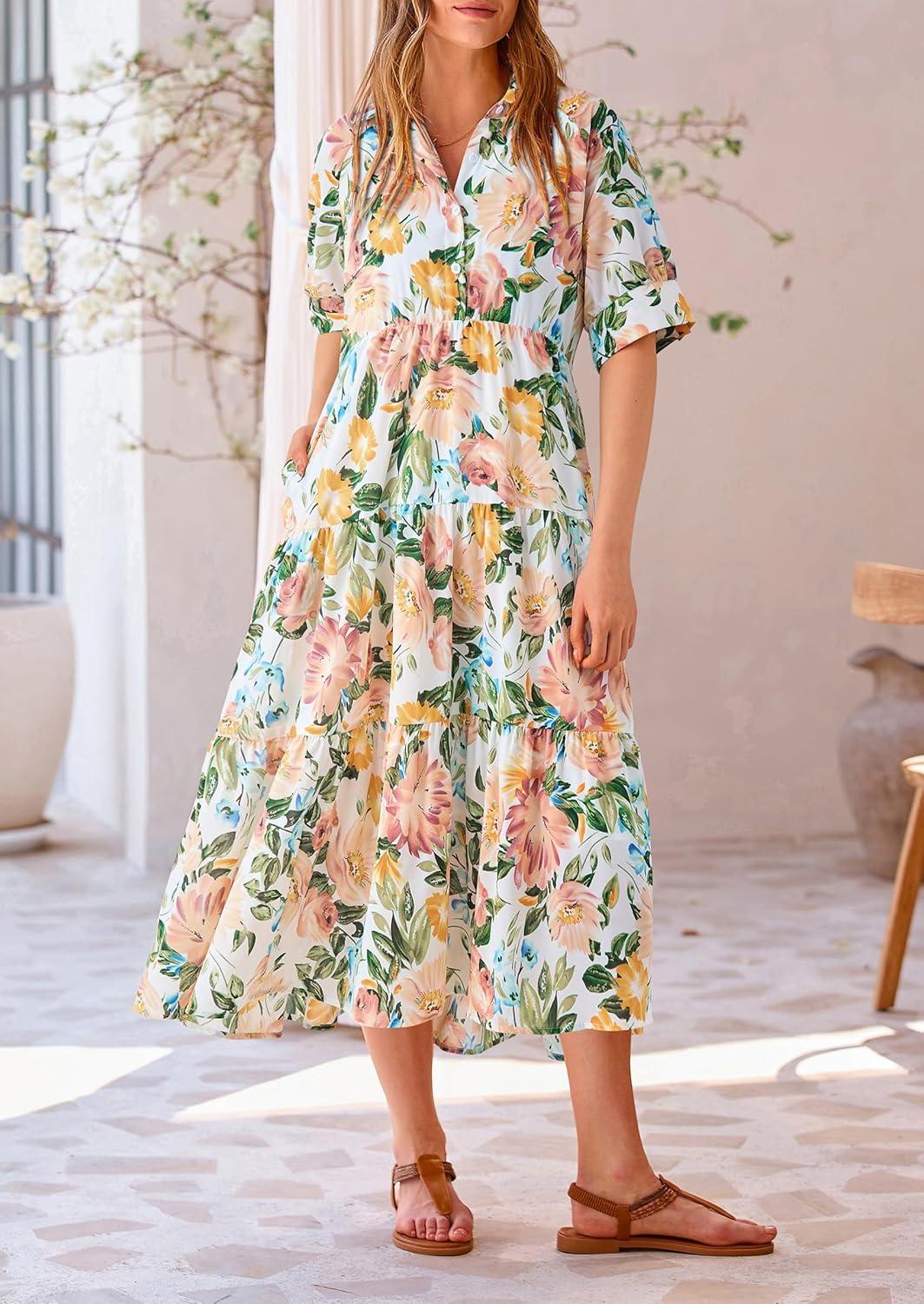 imagePRETTYGARDEN Women Casual Summer Dress Short Sleeve Floral Print Beach Maxi Dresses Floral White ApricotLarge