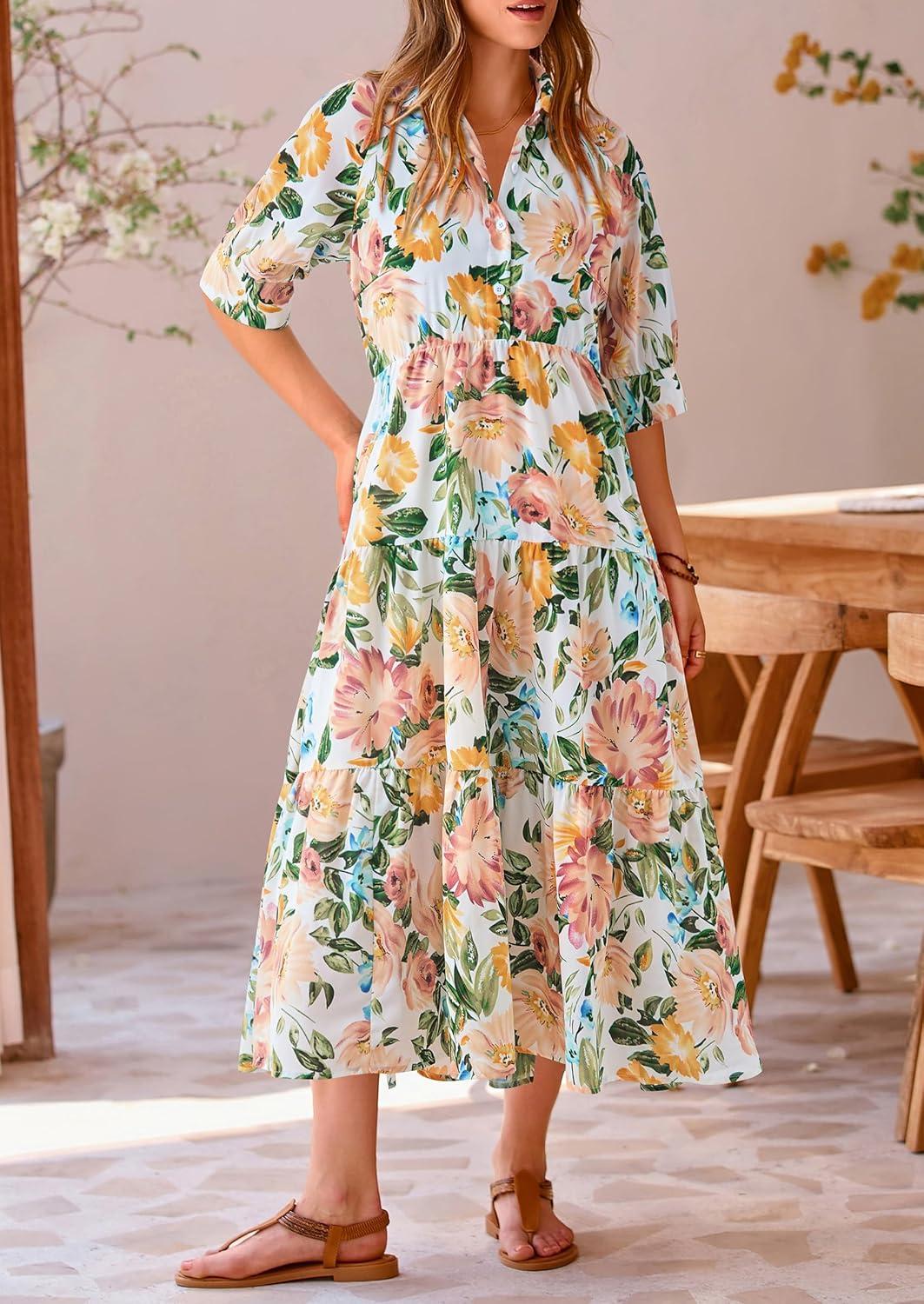 imagePRETTYGARDEN Women Casual Summer Dress Short Sleeve Floral Print Beach Maxi Dresses Floral White ApricotLarge