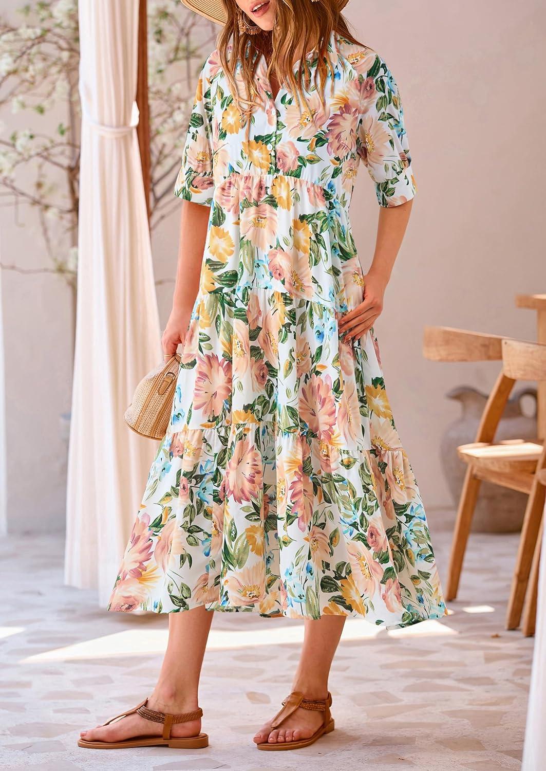 imagePRETTYGARDEN Women Casual Summer Dress Short Sleeve Floral Print Beach Maxi Dresses Floral White ApricotLarge