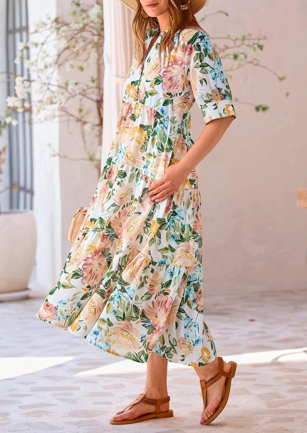 imagePRETTYGARDEN Women Casual Summer Dress Short Sleeve Floral Print Beach Maxi Dresses Floral White ApricotLarge