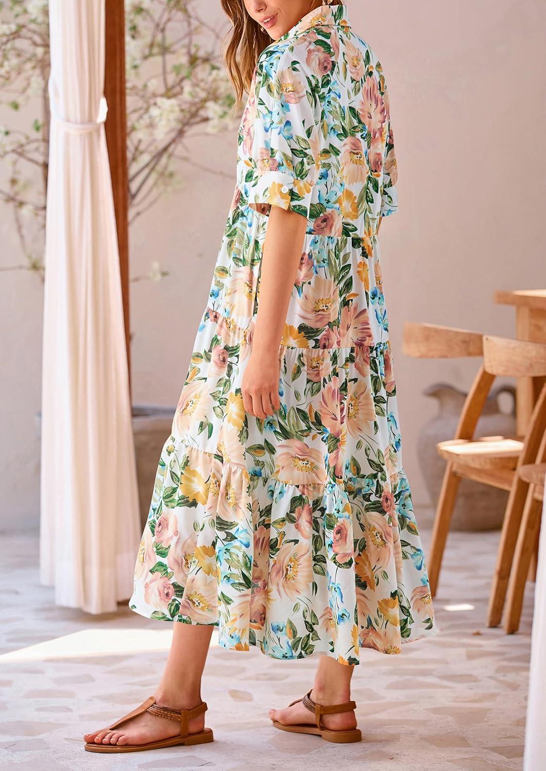 imagePRETTYGARDEN Women Casual Summer Dress Short Sleeve Floral Print Beach Maxi Dresses Floral White ApricotLarge