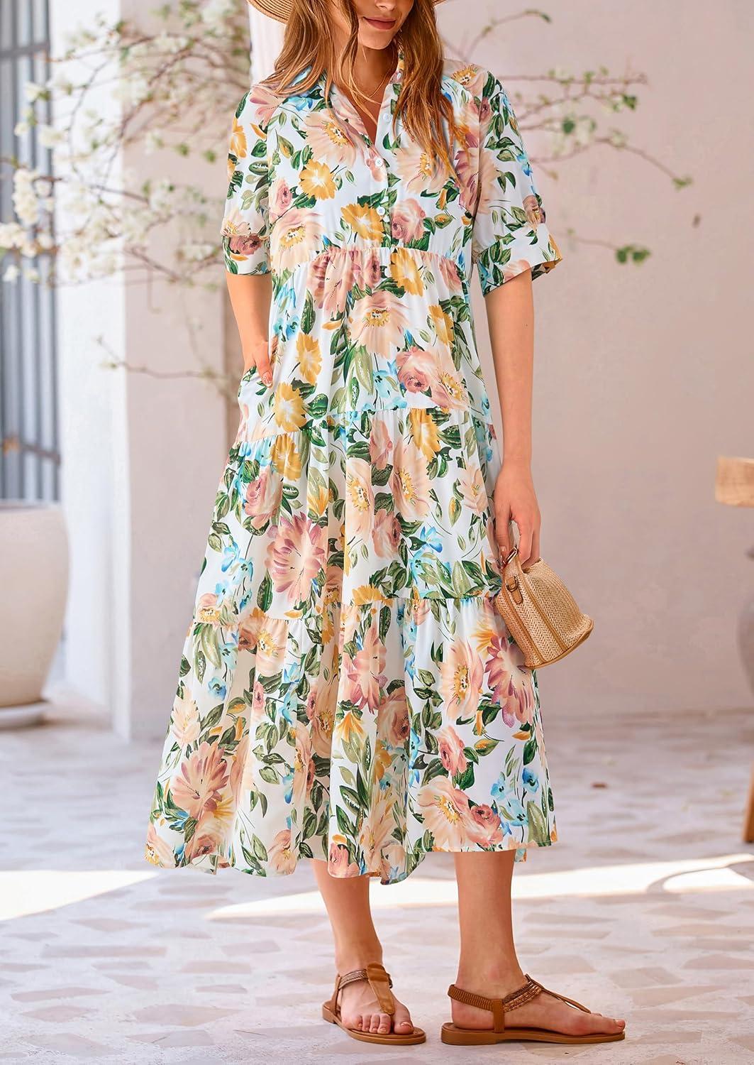 imagePRETTYGARDEN Women Casual Summer Dress Short Sleeve Floral Print Beach Maxi Dresses Floral White ApricotLarge