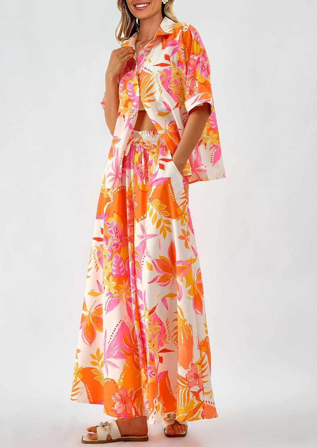 imagePRETTYGARDEN Womens 2 Piece Beach Vacation Outfit 2025 Casual Summer Floral Button Down Shirt Wide Leg Pants Matching Sets