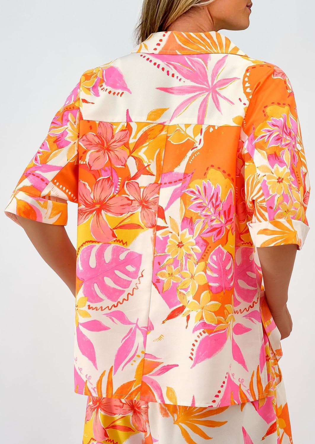 imagePRETTYGARDEN Womens 2 Piece Beach Vacation Outfit 2025 Casual Summer Floral Button Down Shirt Wide Leg Pants Matching Sets