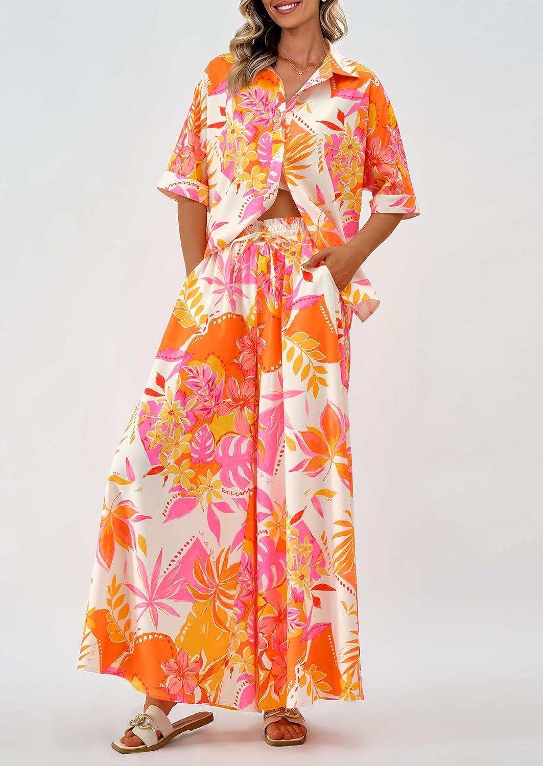 imagePRETTYGARDEN Womens 2 Piece Beach Vacation Outfit 2025 Casual Summer Floral Button Down Shirt Wide Leg Pants Matching Sets