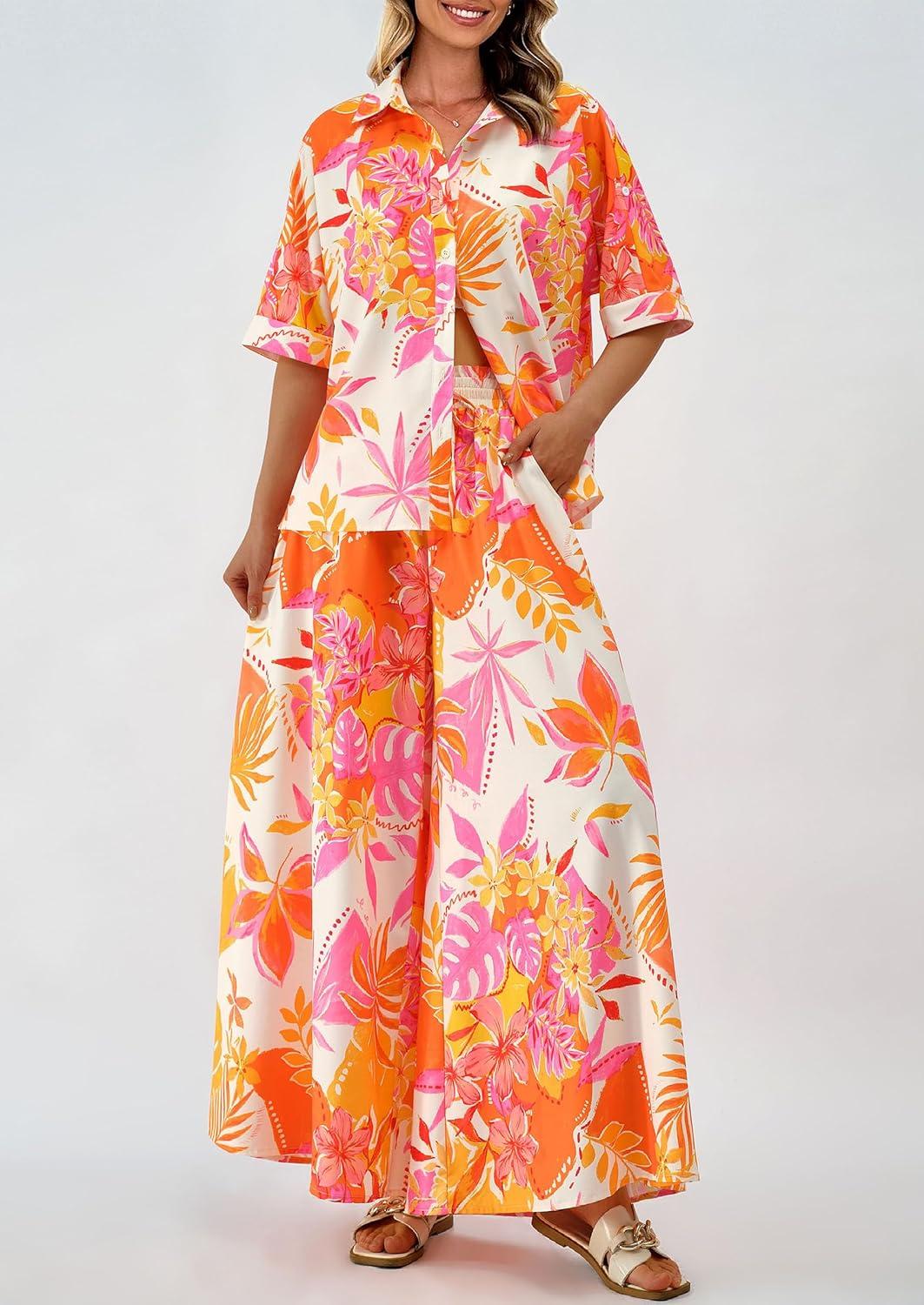 imagePRETTYGARDEN Womens 2 Piece Beach Vacation Outfit 2025 Casual Summer Floral Button Down Shirt Wide Leg Pants Matching Sets