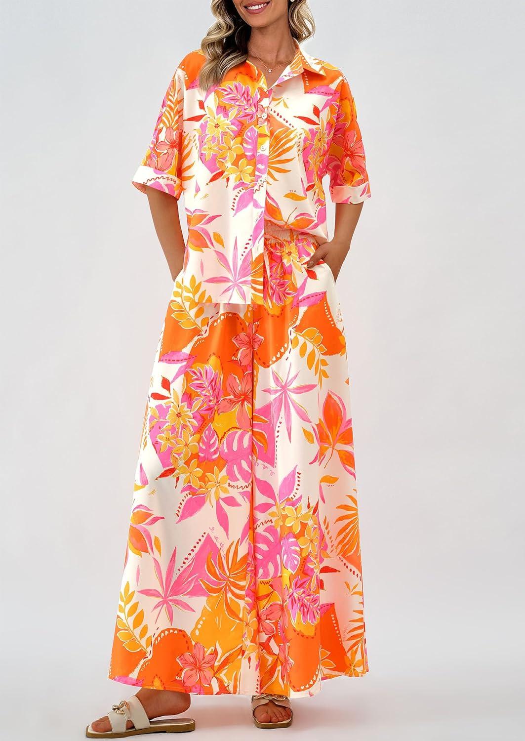 imagePRETTYGARDEN Womens 2 Piece Beach Vacation Outfit 2025 Casual Summer Floral Button Down Shirt Wide Leg Pants Matching Sets