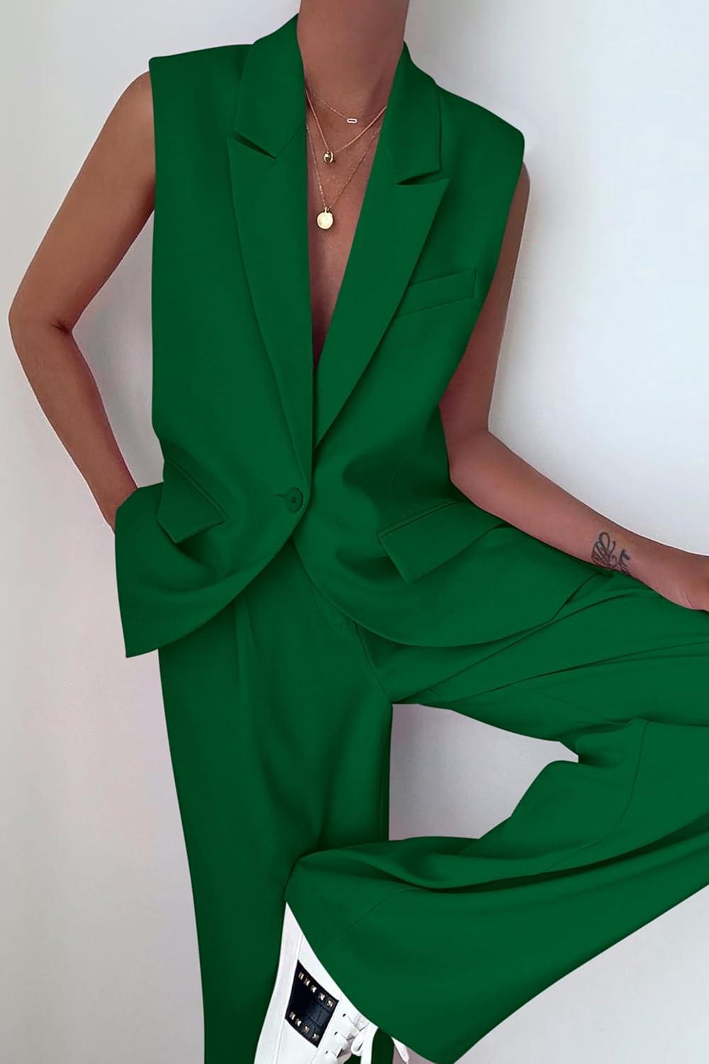 imagePRETTYGARDEN Womens 2 Piece Outfits Sleeveless Suit Vest and Wide Leg Pants Business Casual Blazer SetsGreen