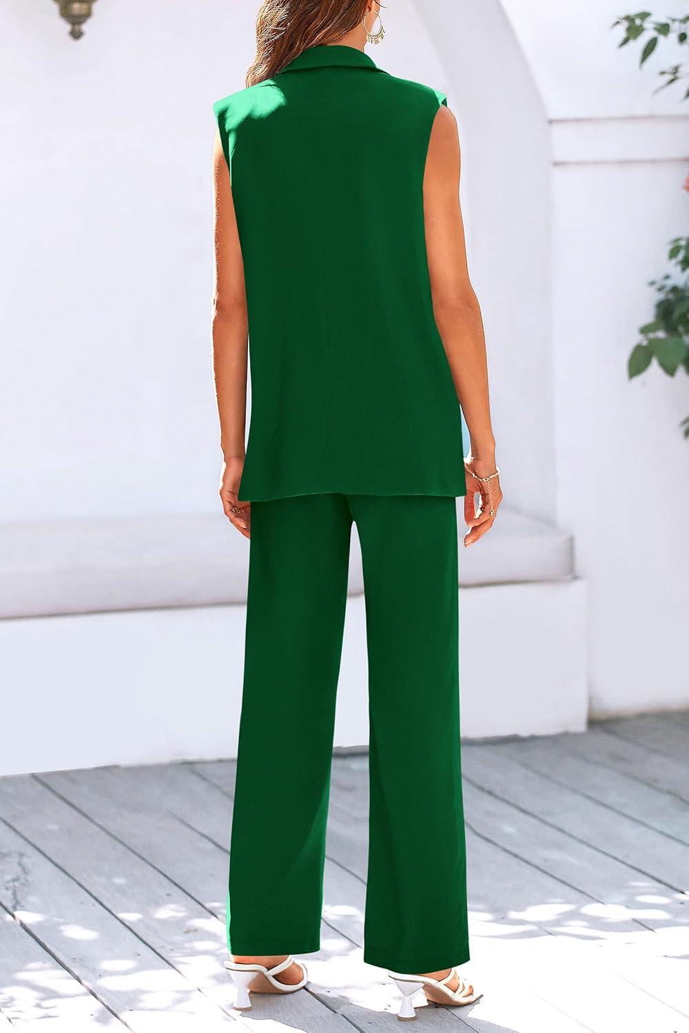 imagePRETTYGARDEN Womens 2 Piece Outfits Sleeveless Suit Vest and Wide Leg Pants Business Casual Blazer SetsGreen