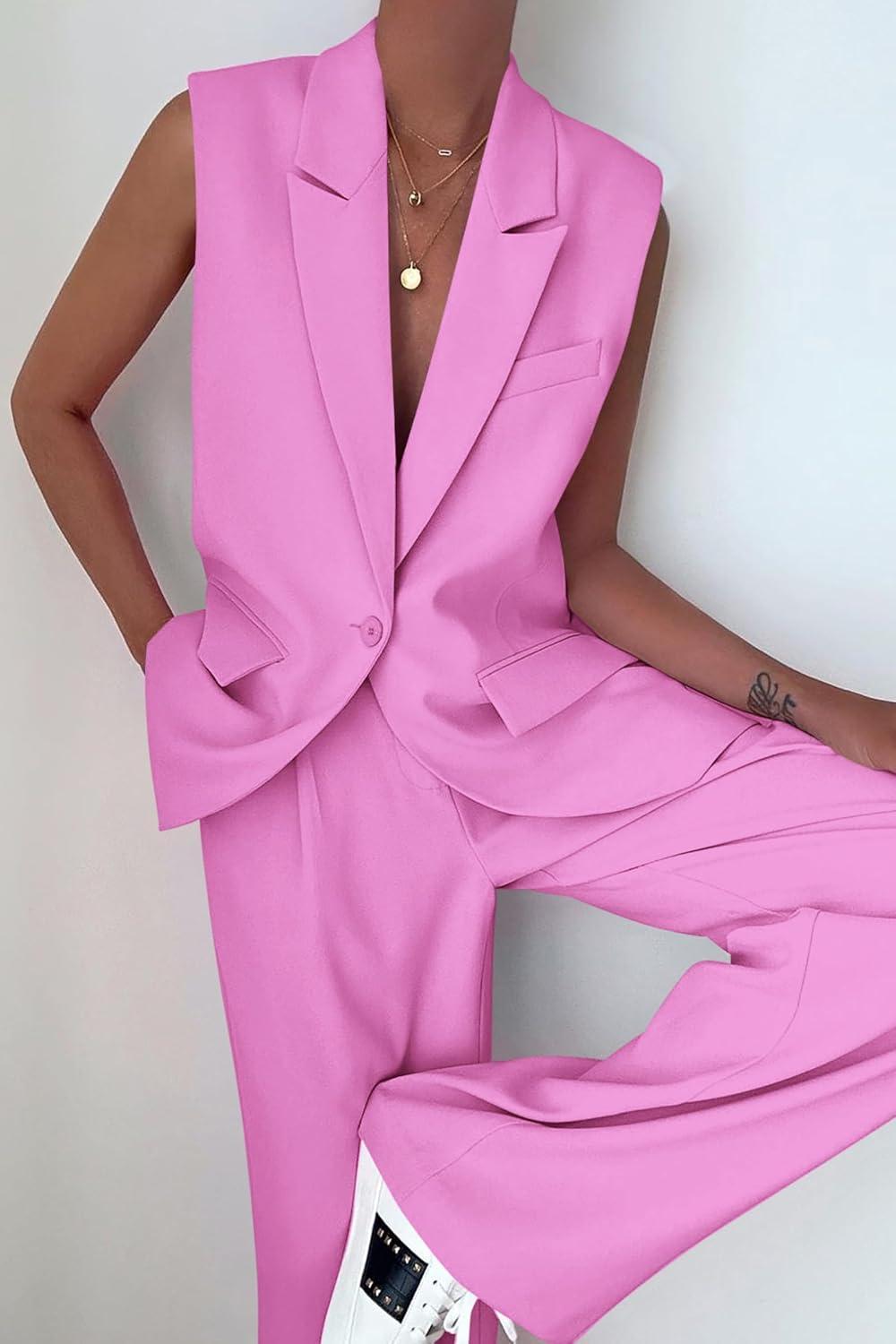 imagePRETTYGARDEN Womens 2 Piece Outfits Sleeveless Suit Vest and Wide Leg Pants Business Casual Blazer SetsPink