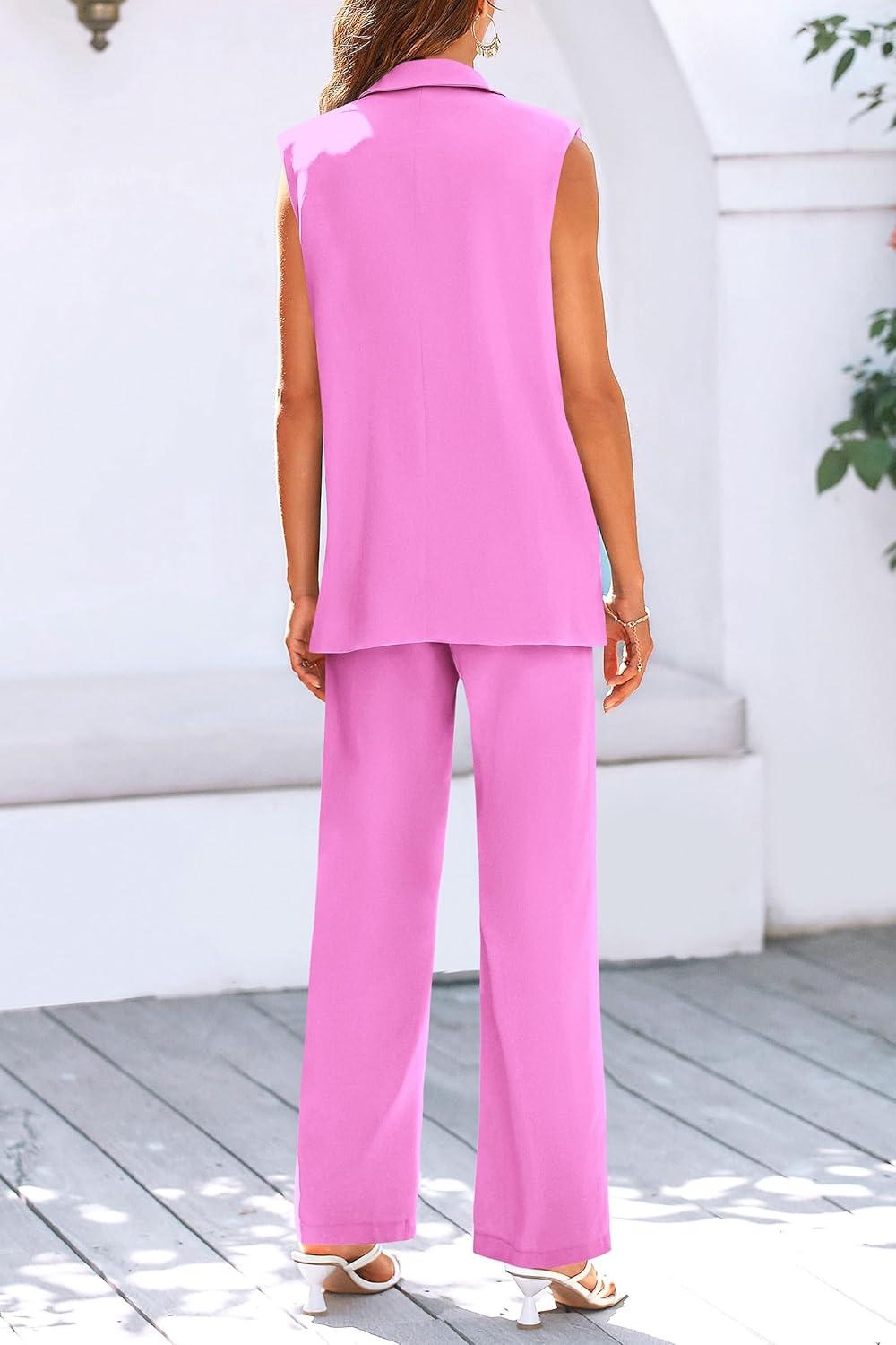 imagePRETTYGARDEN Womens 2 Piece Outfits Sleeveless Suit Vest and Wide Leg Pants Business Casual Blazer SetsPink