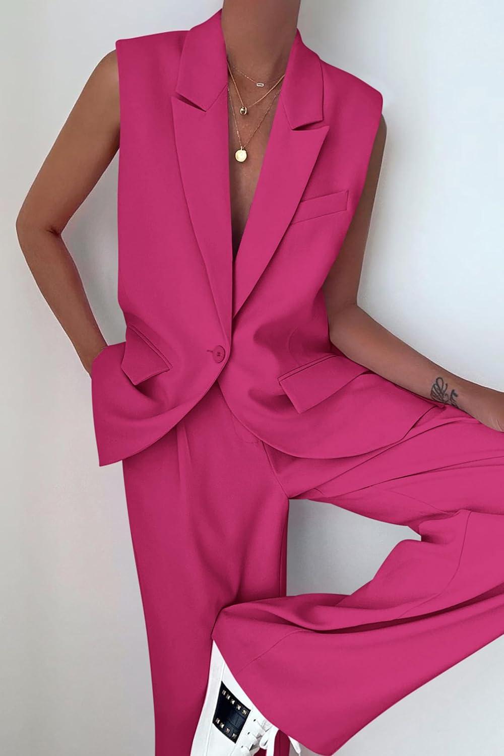 imagePRETTYGARDEN Womens 2 Piece Outfits Sleeveless Suit Vest and Wide Leg Pants Business Casual Blazer SetsRose Red