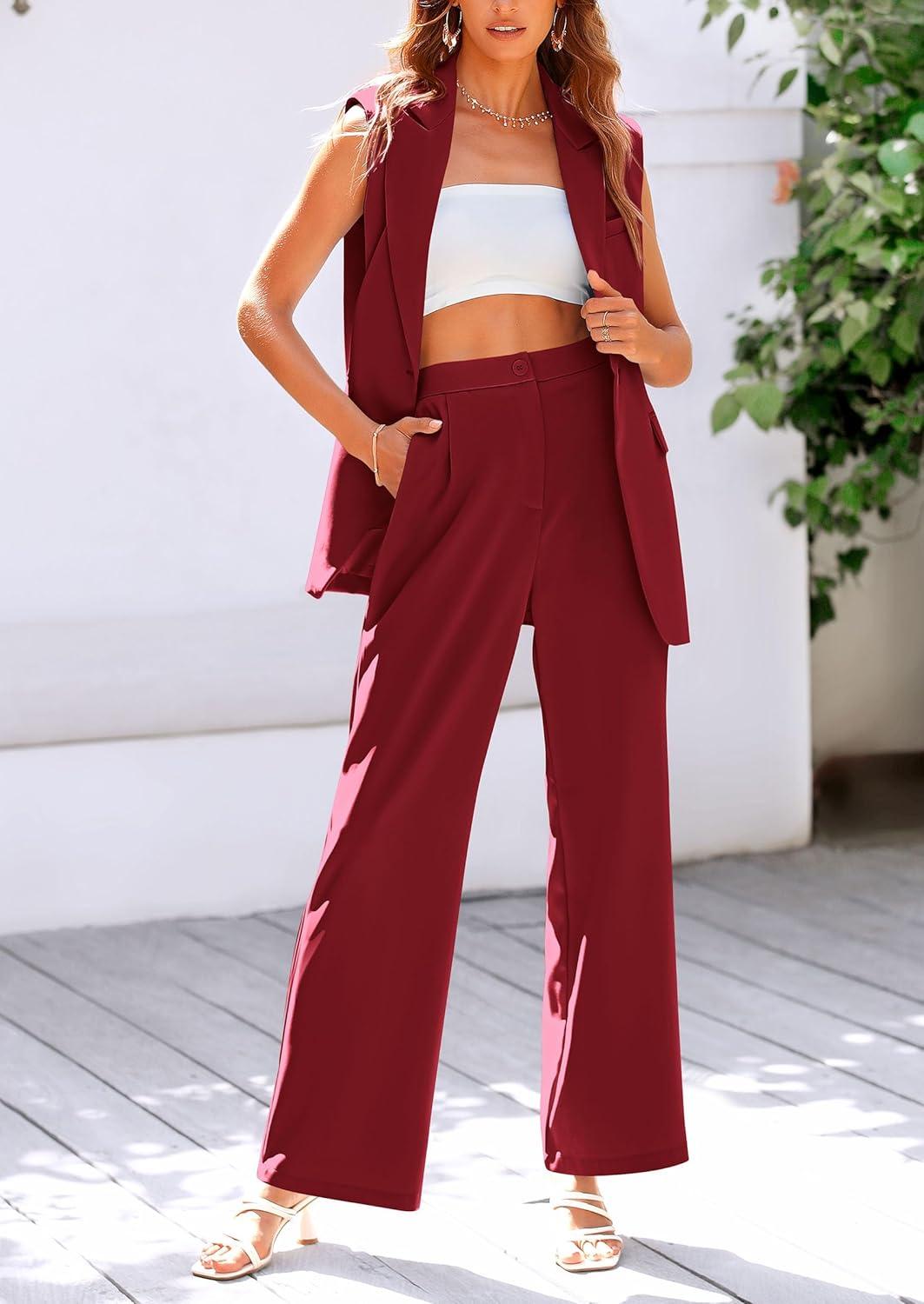 imagePRETTYGARDEN Womens 2 Piece Outfits Sleeveless Suit Vest and Wide Leg Pants Business Casual Blazer SetsWine Red