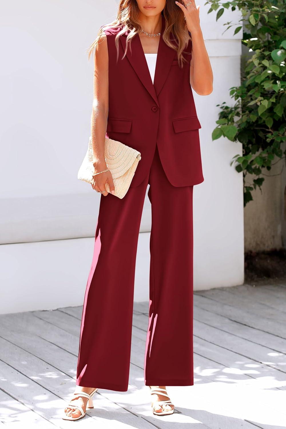 imagePRETTYGARDEN Womens 2 Piece Outfits Sleeveless Suit Vest and Wide Leg Pants Business Casual Blazer SetsWine Red
