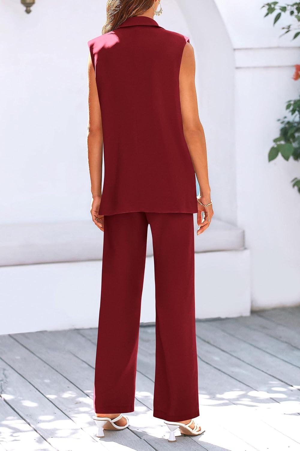 imagePRETTYGARDEN Womens 2 Piece Outfits Sleeveless Suit Vest and Wide Leg Pants Business Casual Blazer SetsWine Red