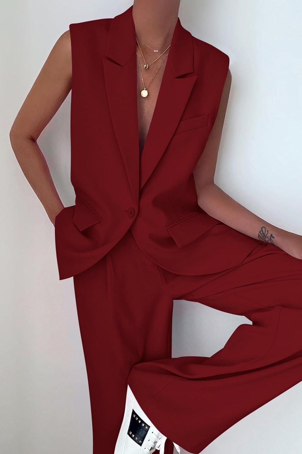 imagePRETTYGARDEN Womens 2 Piece Outfits Sleeveless Suit Vest and Wide Leg Pants Business Casual Blazer SetsWine Red