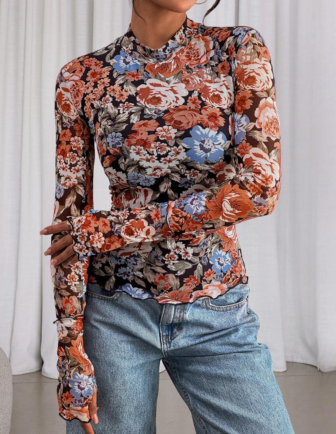 imagePRETTYGARDEN Womens Long Sleeve Going Out Tops 2026 Spring Y2K Clothes Mesh Floral Fitted Shirts Date Night Outfit
