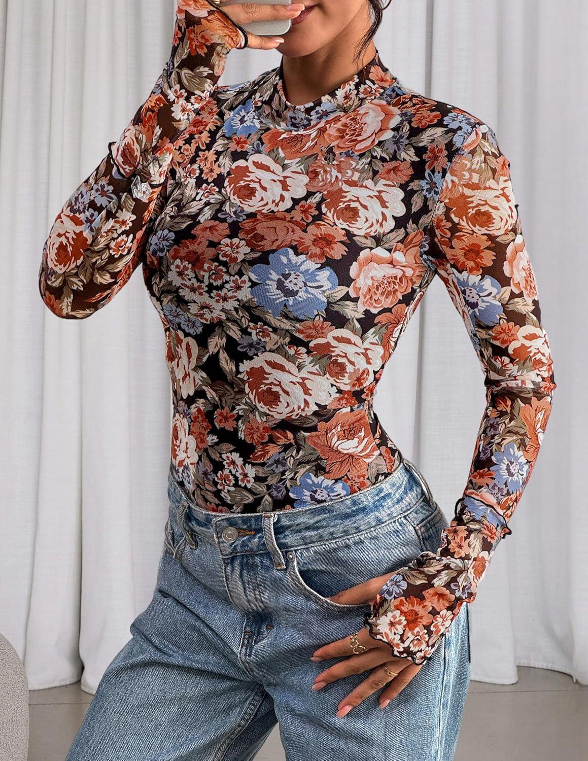 imagePRETTYGARDEN Womens Long Sleeve Going Out Tops 2026 Spring Y2K Clothes Mesh Floral Fitted Shirts Date Night Outfit