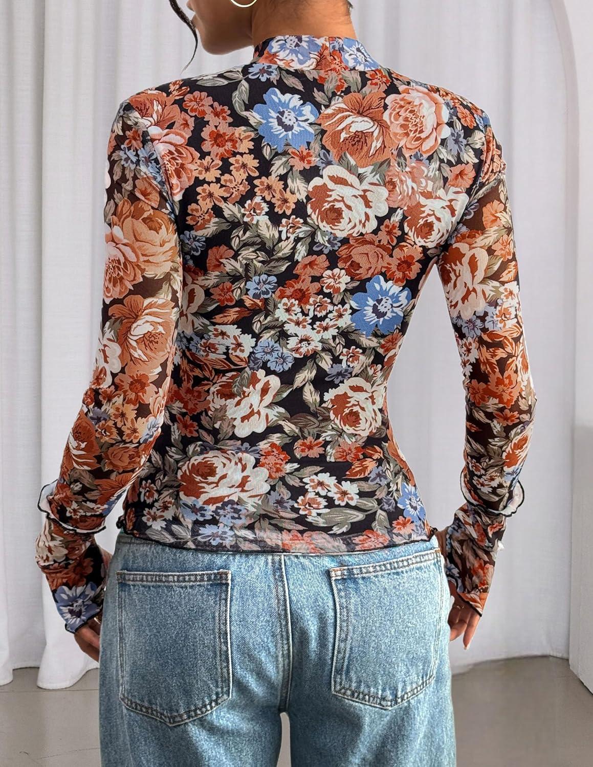 imagePRETTYGARDEN Womens Long Sleeve Going Out Tops 2026 Spring Y2K Clothes Mesh Floral Fitted Shirts Date Night Outfit