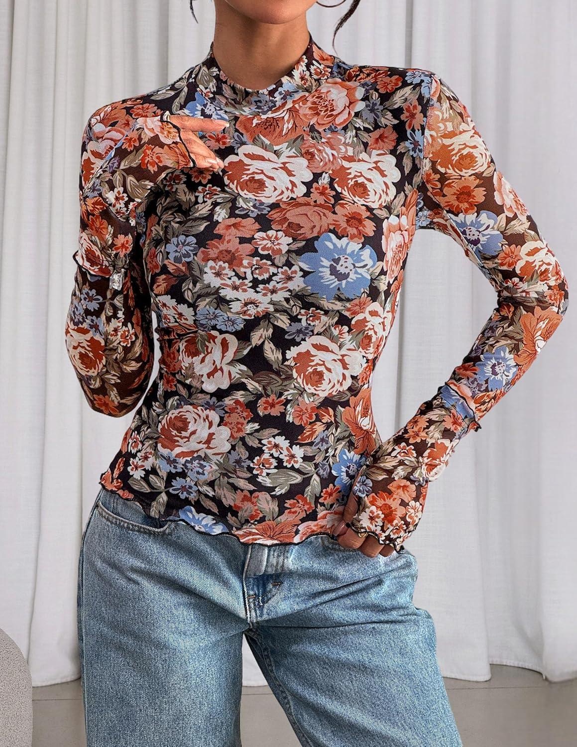 imagePRETTYGARDEN Womens Long Sleeve Going Out Tops 2026 Spring Y2K Clothes Mesh Floral Fitted Shirts Date Night Outfit