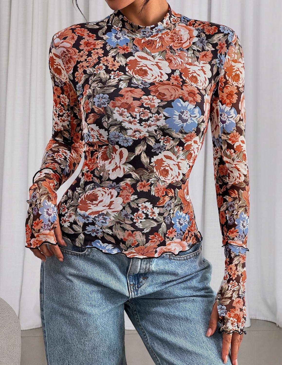 imagePRETTYGARDEN Womens Long Sleeve Going Out Tops 2026 Spring Y2K Clothes Mesh Floral Fitted Shirts Date Night Outfit