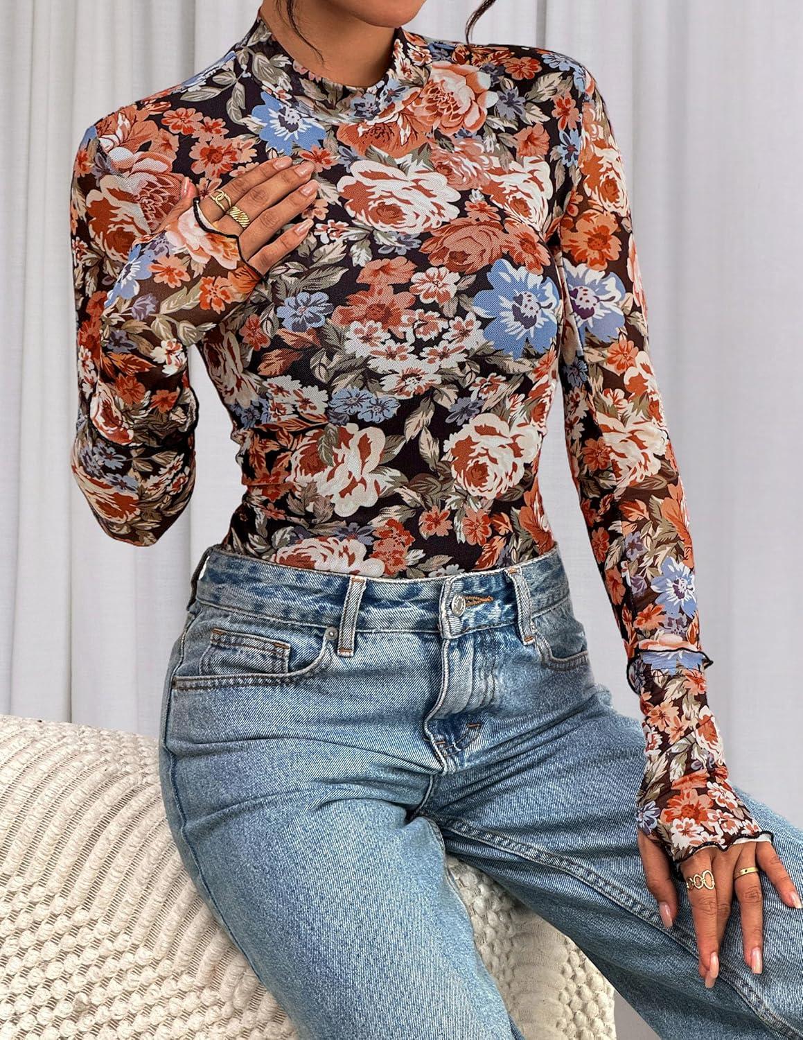imagePRETTYGARDEN Womens Long Sleeve Going Out Tops 2026 Spring Y2K Clothes Mesh Floral Fitted Shirts Date Night Outfit