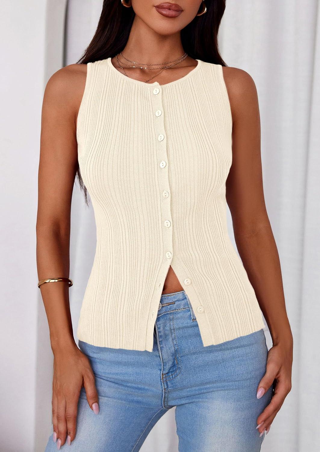 imagePRETTYGARDEN Womens Ribbed Tank Top Summer 2025 Open Front Button Down Sleeveless Shirts Fashion Clothing Going Out Vest TopsApricot