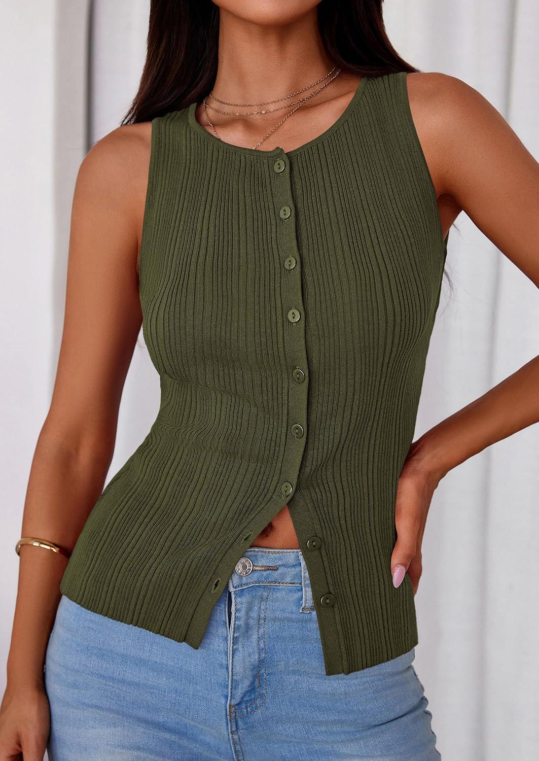 imagePRETTYGARDEN Womens Ribbed Tank Top Summer 2025 Open Front Button Down Sleeveless Shirts Fashion Clothing Going Out Vest TopsArmy Green